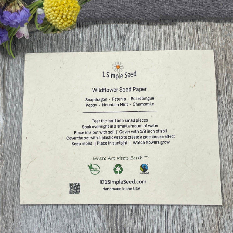 Wildflower seed paper card with instructions . Plantable paper.