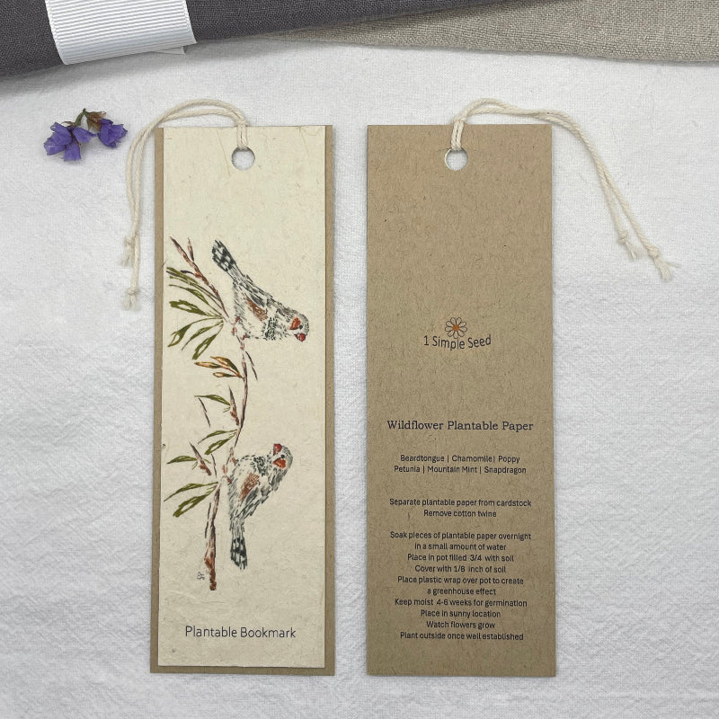 plantable book mark. finches. outdoor birds. wildflower seed paper
