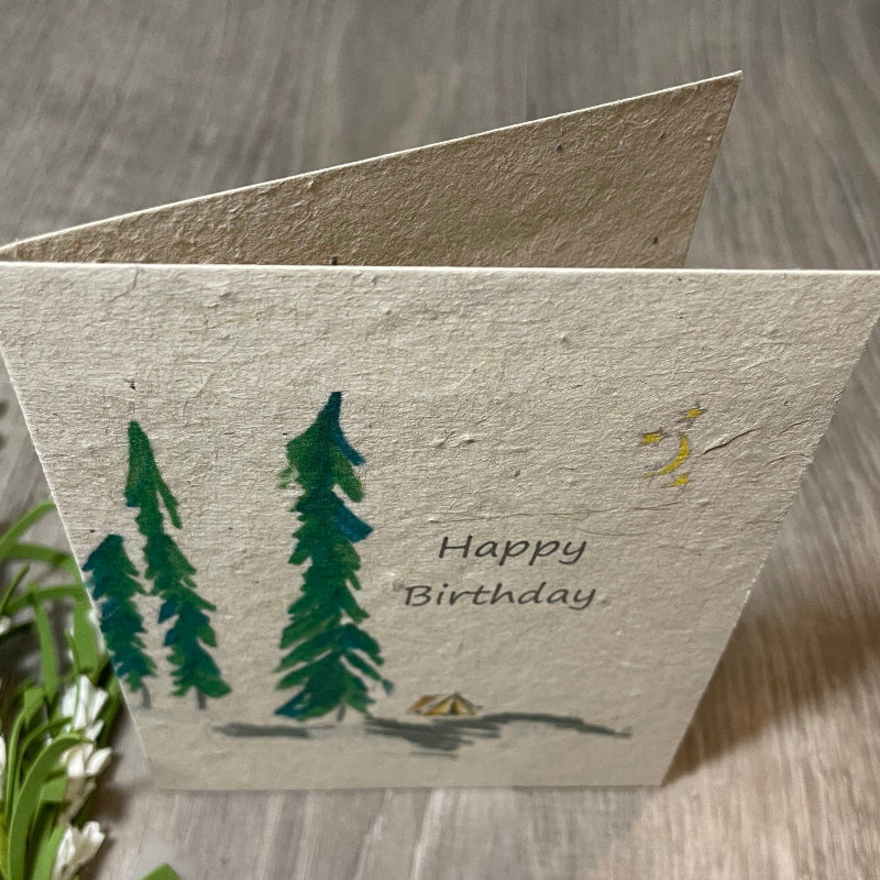 Handmade birthday card with green trees and 'Happy Birthday' Camping. adventure.