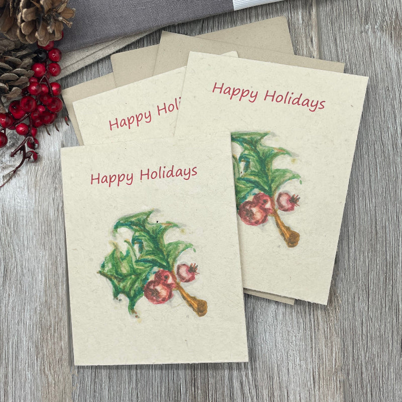 happy holidays. merry christmas. holly berry. bulk cards plantable cards. wildflower seed paper