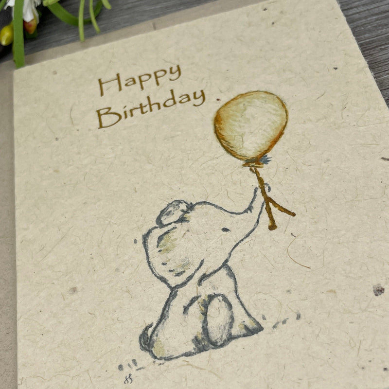 happy birthday. childrens. kids. elephant. plantable card