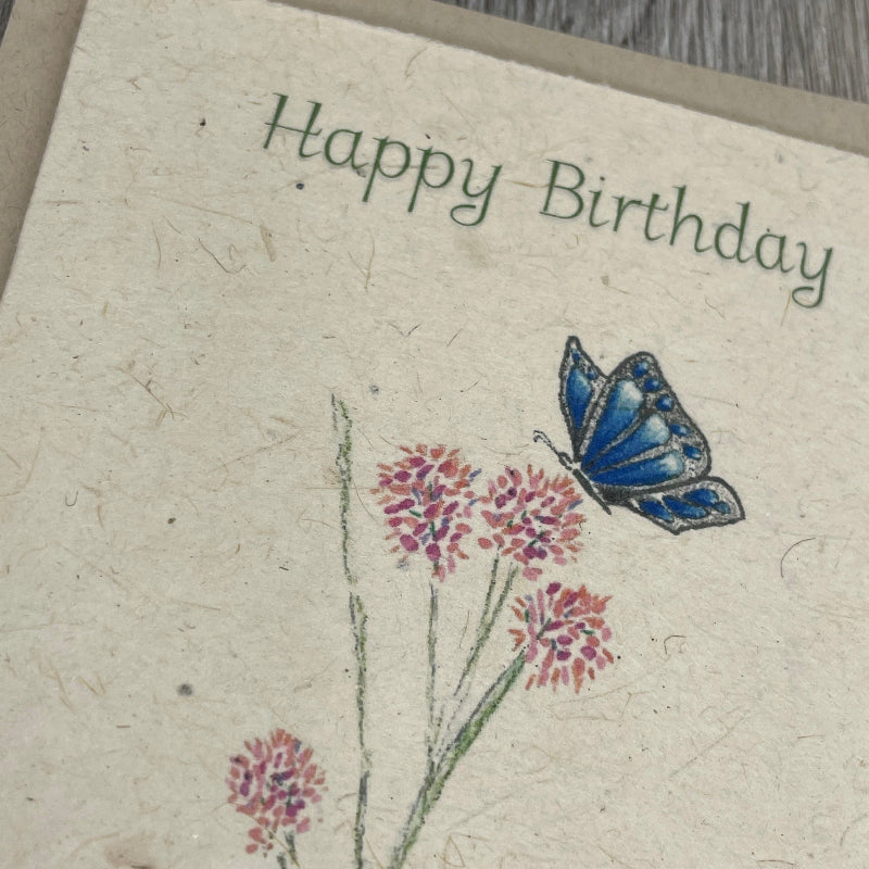 birthday. blue butterfly. plantable card. wildflower seed paper