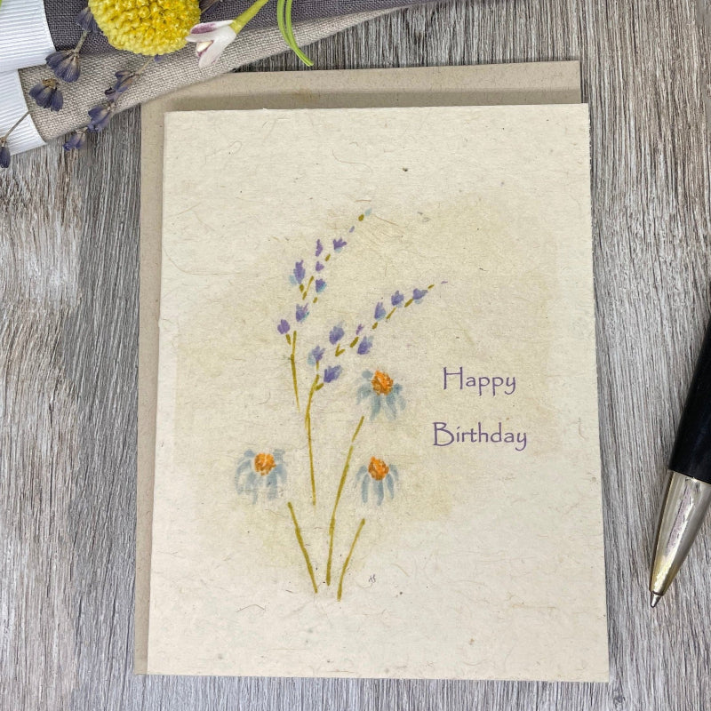 Plantable Card. Wildflower seed paper. Hand drawn watercolor Lavender. Daisies.