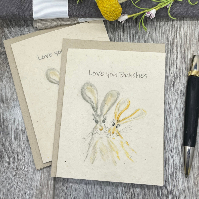Valentines. Love you bunches. rabbits. friendship card. Plantable Cards. Wildflower Seed Paper. Wildflowers. Hand Drawn Original Art.