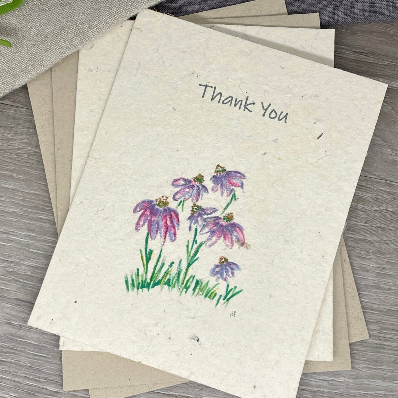 Thank you for guests. plantable paper. plantable card. echinacea. purple flowers. wedding. bridal shower. baby shower. card for guests. blank card. purple flowers.
