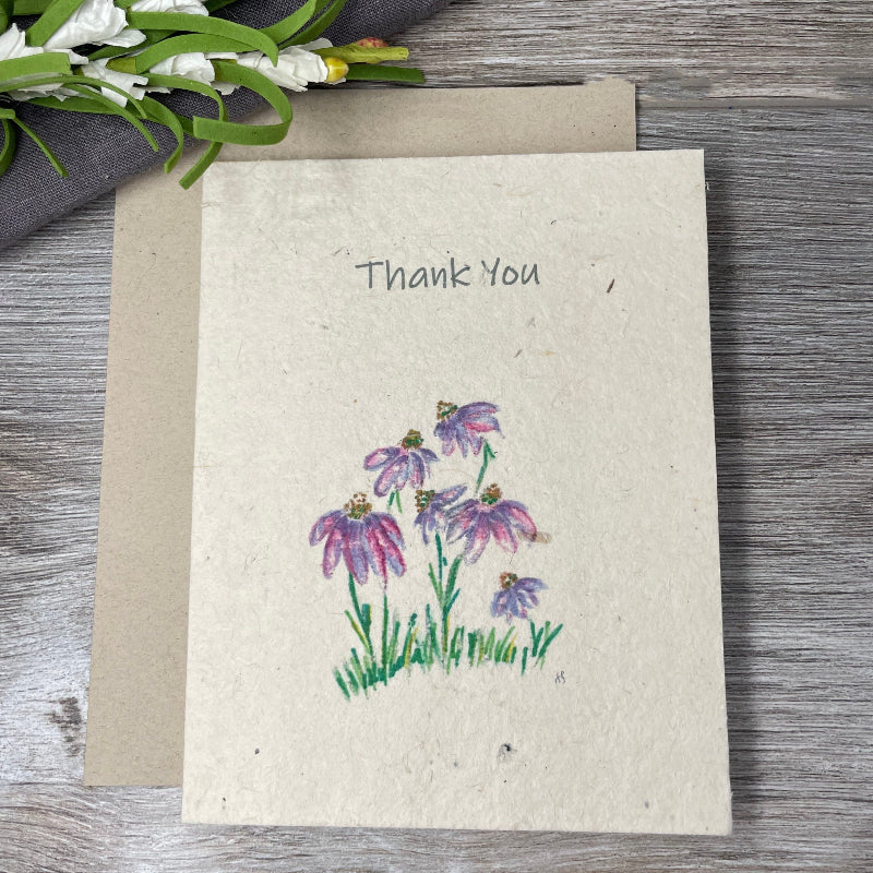 Thank you for guests. plantable paper. plantable card. echinacea. purple flowers. wedding. bridal shower. baby shower. card for guests. blank card. purple flowers.