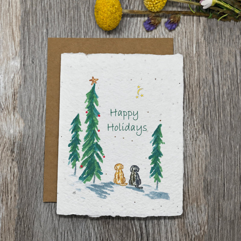 christmas or holiday card with 2 dogs. plantable seed paper. wildflower seed paper. 