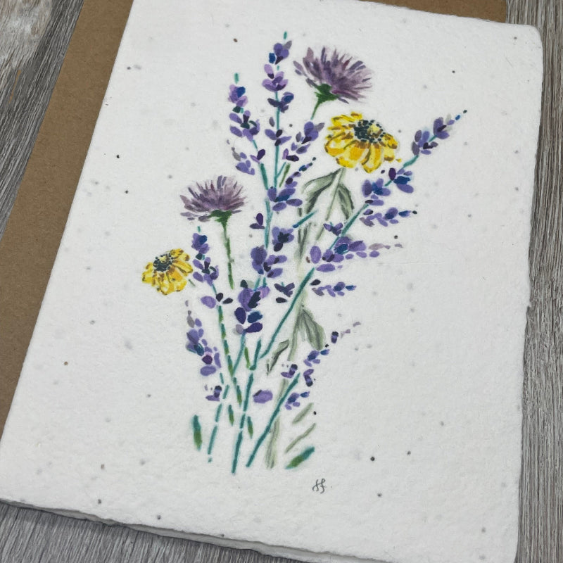 Plantable greeting card with image of wildflowers including lavender, coneflower and purple thistle. Wildflowers.