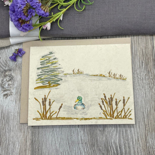 Handmade card with a duck illustration. flowers.  Wildflower Seed Paper. Ducks. 