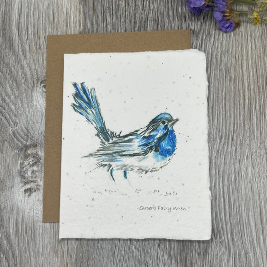 Blue Bird.   Wren. Plantable Card. Wildflower seed paper.