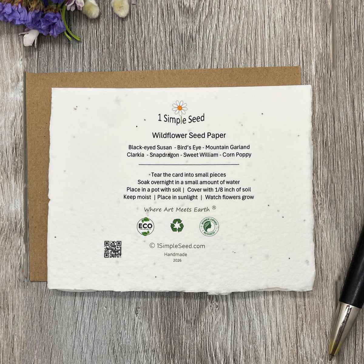 Wildflower Seed Paper. Deckled edge. 1 Simple Seed. Hand torn. plantable art