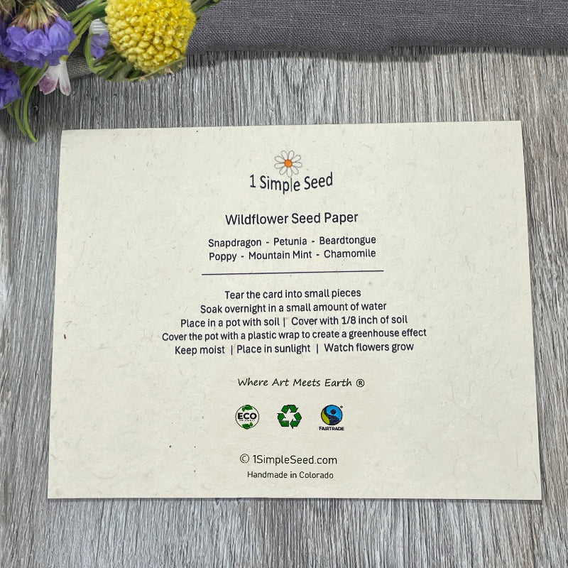 wildflower Seed Paper. Plantable Card. 1 Simple Seed. 
