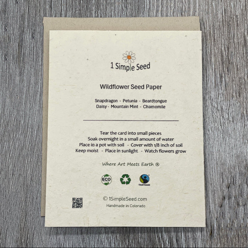 wildflower Seed Paper. Plantable Card. 1 Simple Seed. 