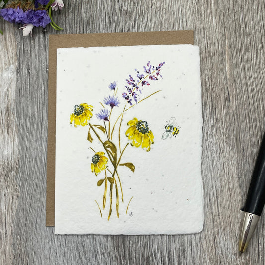 bee with flowers. wildflowers. plantable cards. 