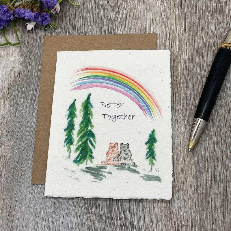 better together bears. friendship card with a rainbow. gay or lesbian card. Plantable seed paper
