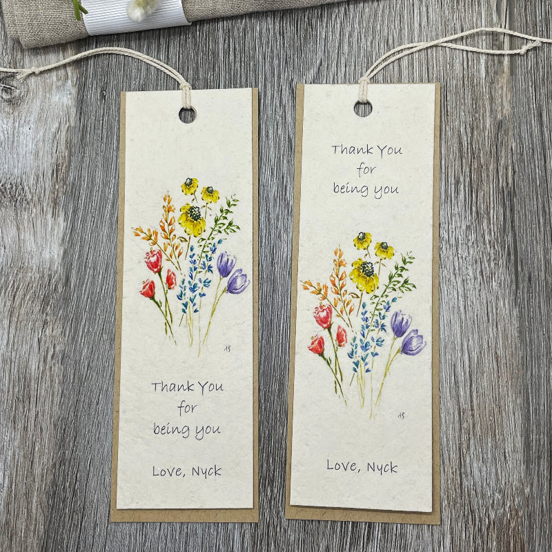 floral designs. custom bookmarks. wildflower seed paper. gift. book club. books. teacher school . 