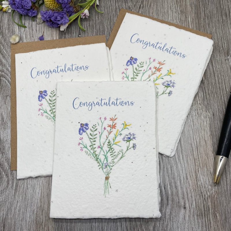 congratulations greeting card. blank card. wildflower seed paper. plantable card. gift for friend. hand drawn. watercolor art. cards