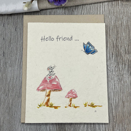 Hello Friend. Plantable card. Wildflower Seed paper. Friendship card. mouse mushroom butterfly. Happy bulk cards. childrens card. 