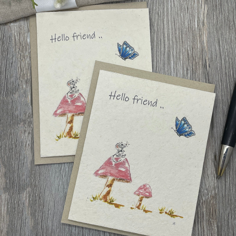 Hello Friend. Plantable card. Wildflower Seed paper. Friendship card. mouse mushroom butterfly. Happy bulk cards. childrens card. 