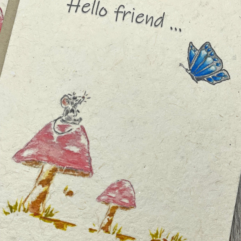 Hello Friend. Plantable card. Wildflower Seed paper. Friendship card. mouse mushroom butterfly. Happy bulk cards. childrens card. 