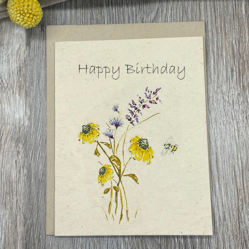 happy birthday. flowers bees. floral gift plantable paper wildflower seed paper