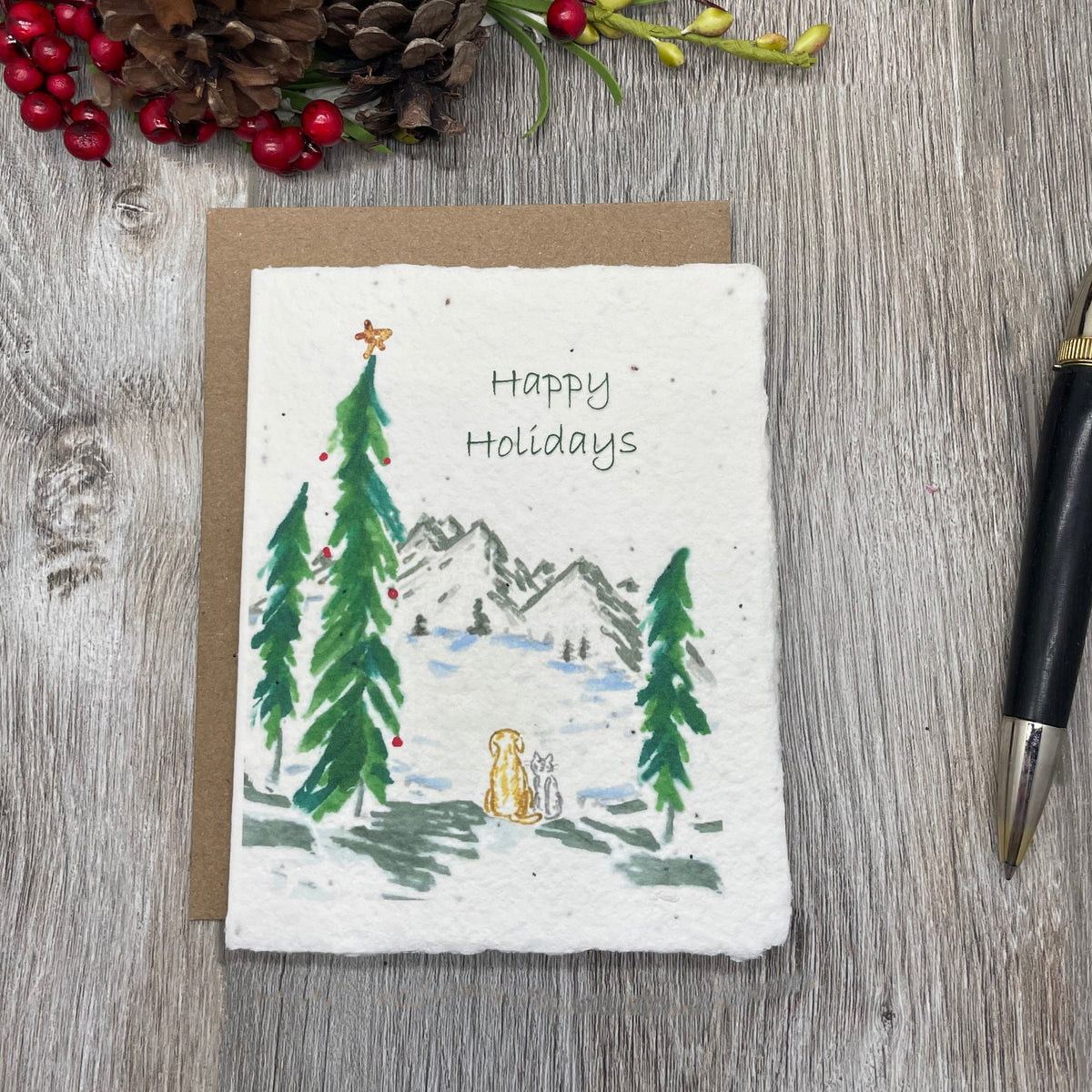 dog cat christmas card. holiday card. plantable seed paper that grows wildflowers.