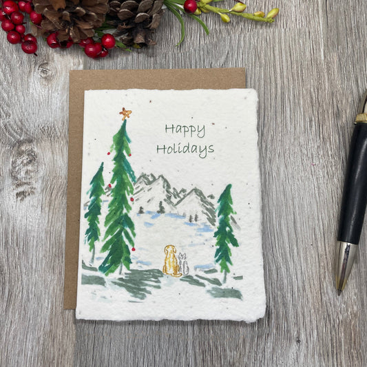 dog cat christmas card. holiday card. plantable seed paper that grows wildflowers.