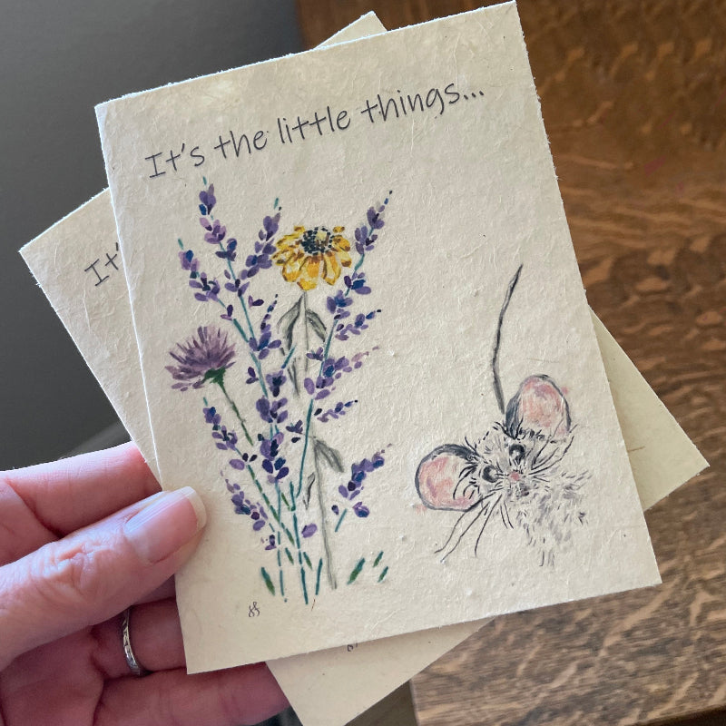 friendship card. Its the little things. Plantable card. mouse. childrens card. teacher card. encouragement card. hand drawn. watercolor.