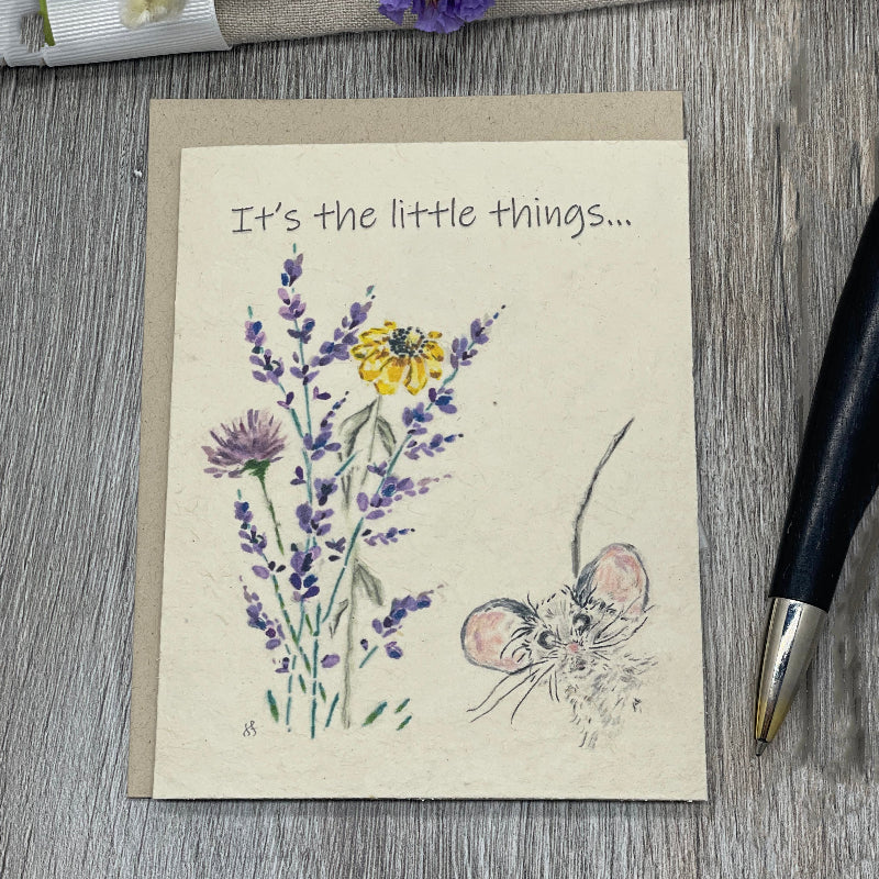 friendship card. Its the little things. Plantable card. mouse. childrens card. teacher card. encouragement card. hand drawn. watercolor.