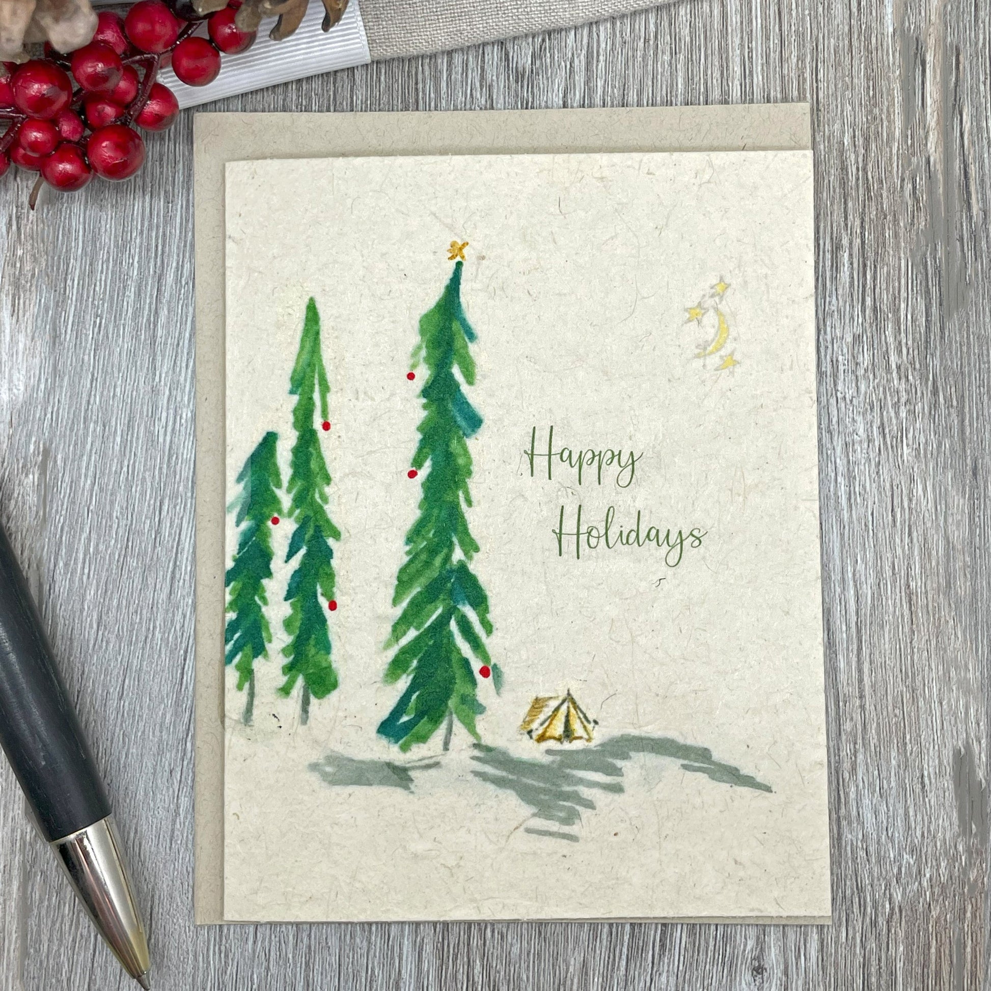 holiday cards. Christmas Cards. Outdoor adventure. camping. plantable card. Wildflower seed card. 