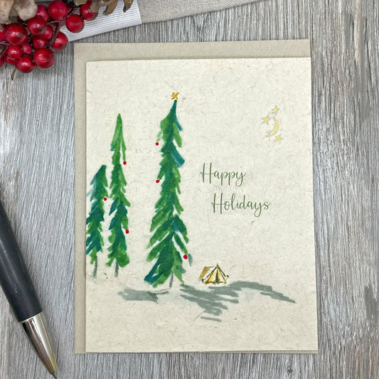 holiday cards. Christmas Cards. Outdoor adventure. camping. plantable card. Wildflower seed card. 