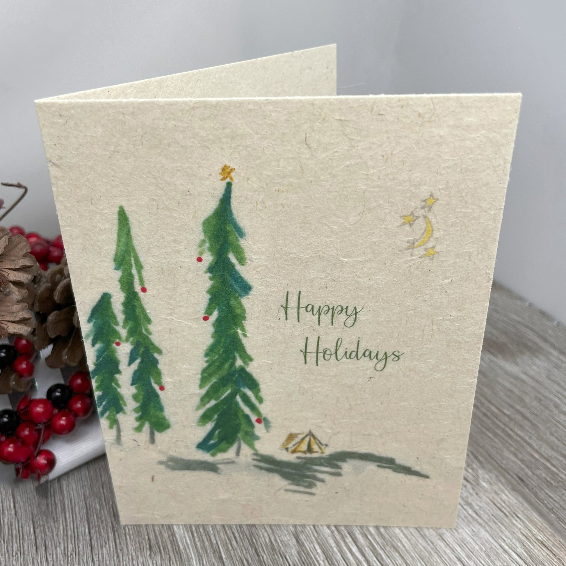 holiday cards. Christmas Cards. Outdoor adventure. camping. plantable card. Wildflower seed card. 
