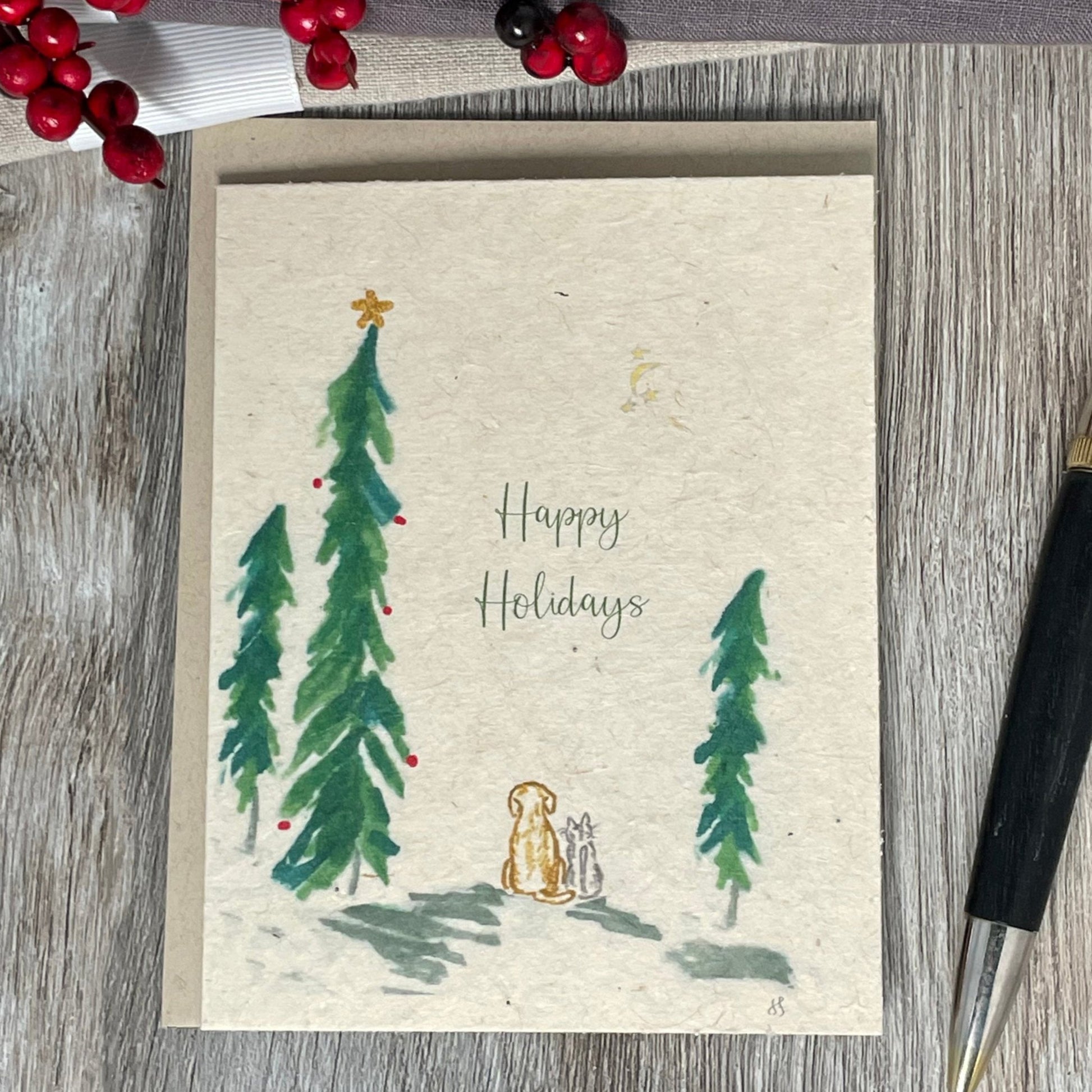 Dog and Cat. Holiday Card. Christmas Card. Plantable Seed Paper. Hand drawn. Water color. Wildflower seed paper.  dog lover. cat lover.