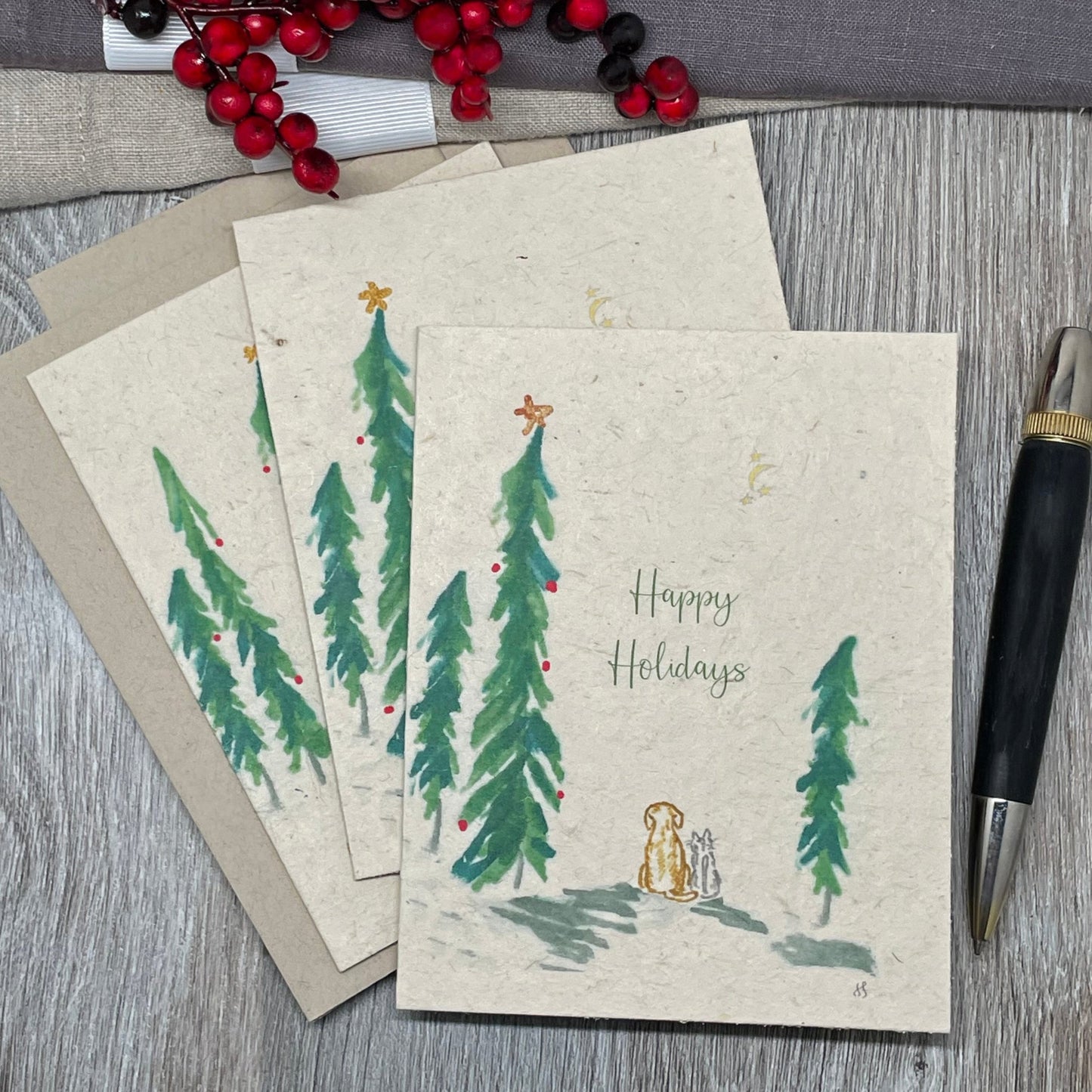 Dog and Cat. Holiday Card. Christmas Card. Plantable Seed Paper. Hand drawn. Water color. Wildflower seed paper.  dog lover. cat lover.