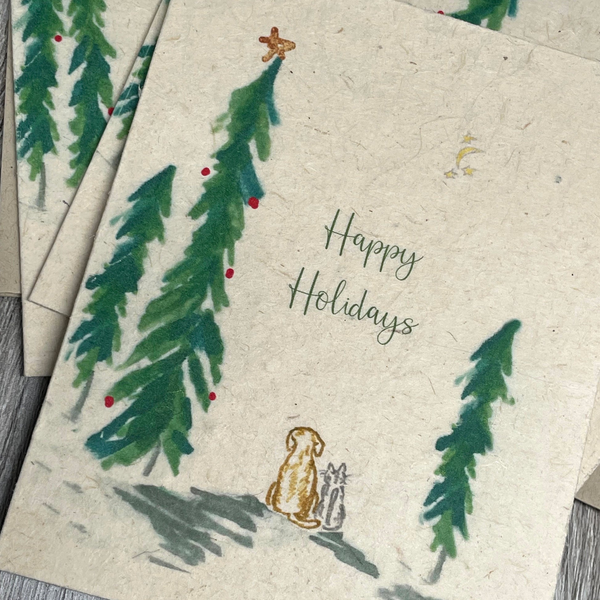 Dog and Cat. Holiday Card. Christmas Card. Plantable Seed Paper. Hand drawn. Water color. Wildflower seed paper.  dog lover. cat lover.