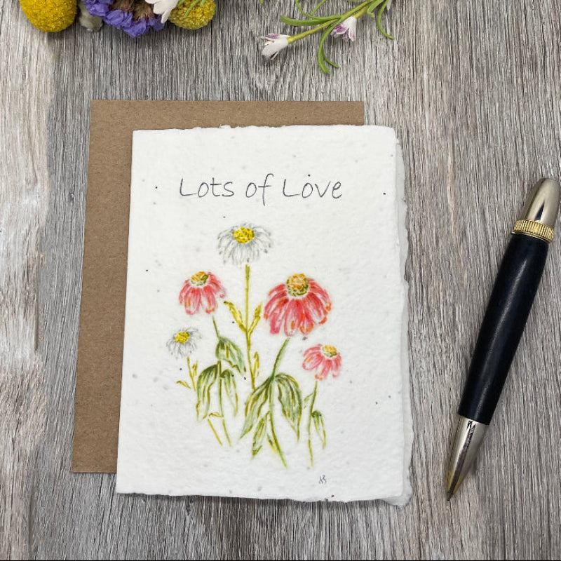 Gerbera Daisies Plantable Greeting card that says Lots of Love. Friendship card. Romatic card. sympathy card. wedding card. anniversary card. 