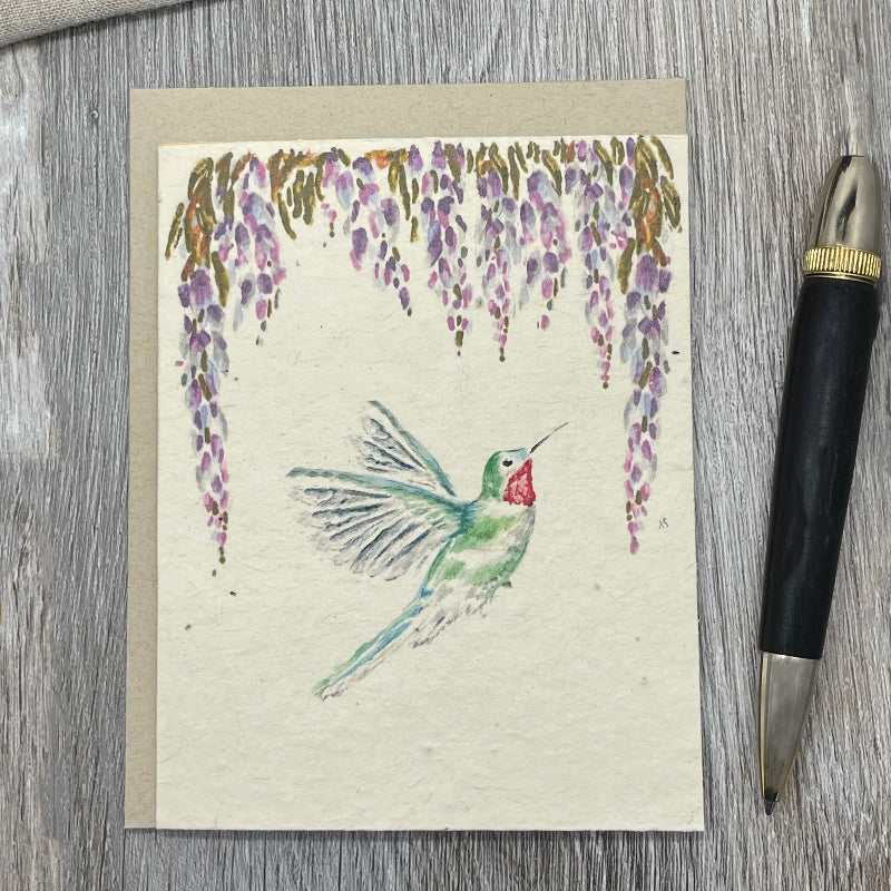 hummingbird. wisteria. plantable card. garden lovers. wildflowers. lotka paper. seeded paper. garden floral. all occasion card. bulk cards. birds.