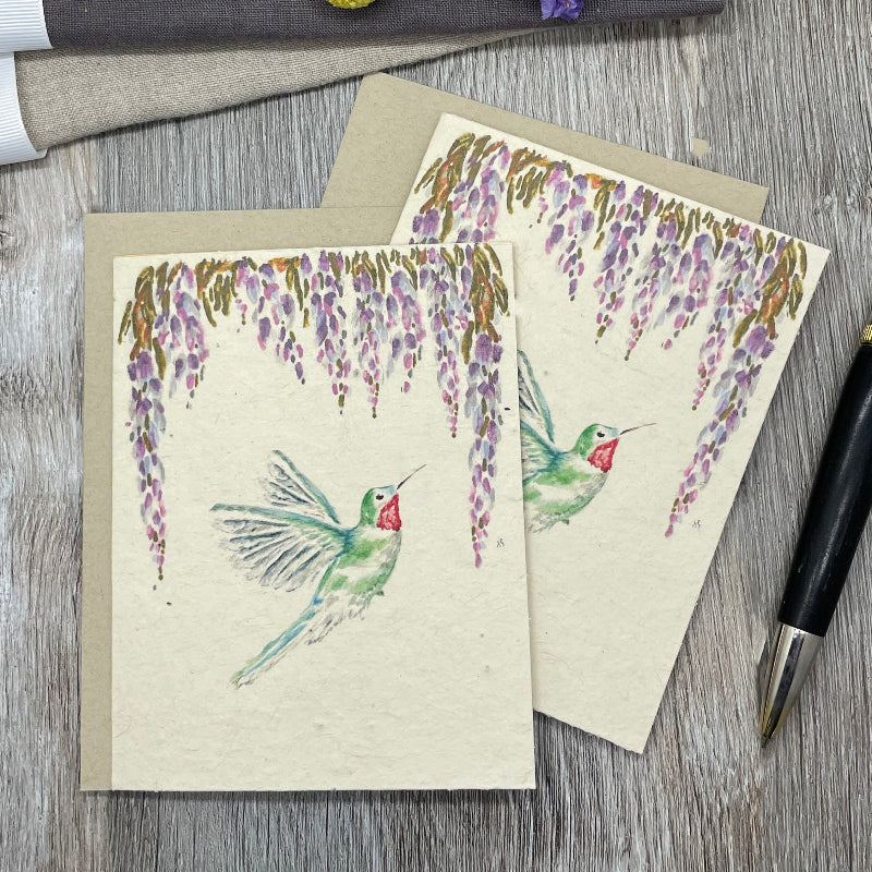 hummingbird. wisteria. plantable card. garden lovers. wildflowers. lotka paper. seeded paper. garden floral. all occasion card. bulk cards. birds.