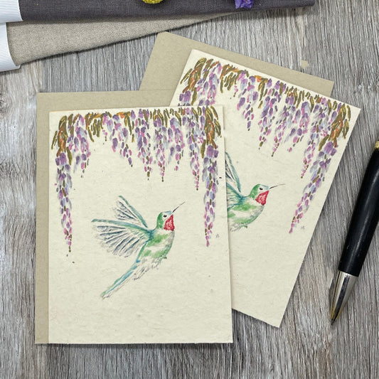 hummingbird. wisteria. plantable card. garden lovers. wildflowers. lotka paper. seeded paper. garden floral. all occasion card. bulk cards. birds.
