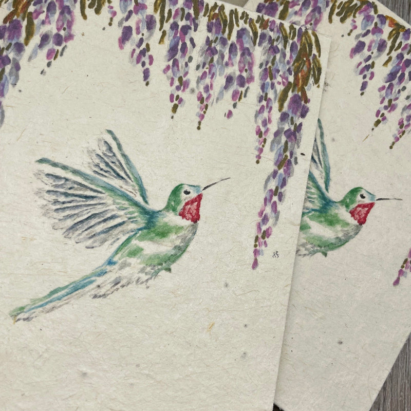 hummingbird. wisteria. plantable card. garden lovers. wildflowers. lotka paper. seeded paper. garden floral. all occasion card. bulk cards. birds.