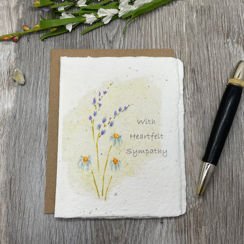 Sympathy. Grief. Funeral. Plantable Card. With Heartfelt sympathy. Thinking of you. Wildflower seed paper. Lavender.