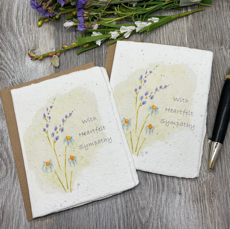 sympathy card for memorial or funeral. with heartfelt sympathy. grief card. wildflower seed paper. planta the card for memories.