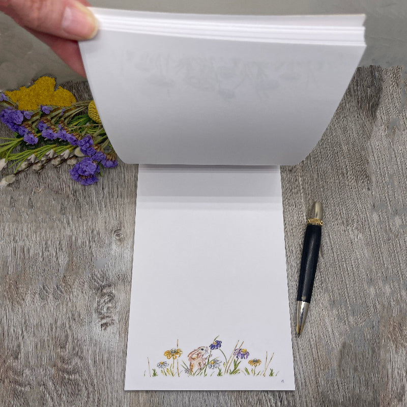 notepad. writing pad. gift. birthday. anniversary. graduation. holiday. christmas. plantable paper. rabbit. bunny. wildflowers. sunflowers. kids. teacher