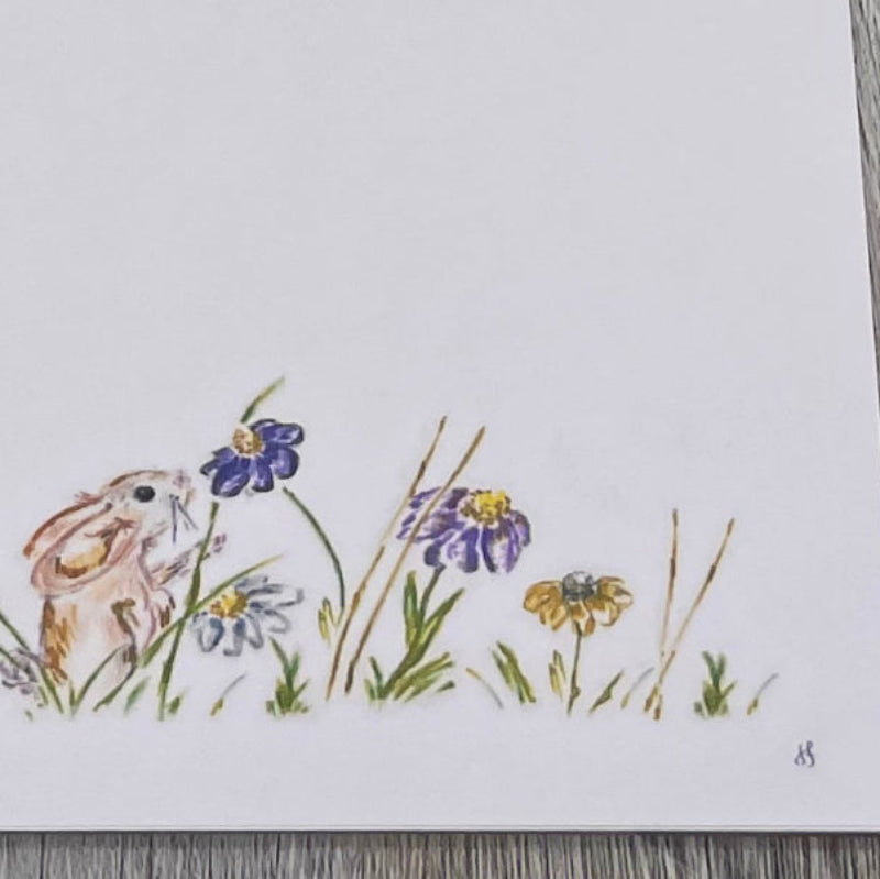 notepad. writing pad. gift. birthday. anniversary. graduation. holiday. christmas. plantable paper. rabbit. bunny. wildflowers. sunflowers. kids. teacher