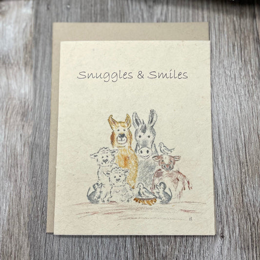 Snuggles. Smiles. Love. Plantable Card.  Wildflower Seed Paper. Baby Shower. Childrens Bulk Cards. Farm Animals