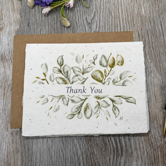 Thank you. Eucalyptus. Wedding. Bridal shower. baby shower. thank you card for guests. plantable seed paper. plantable card. farmhouse. rustic. boho. unique.