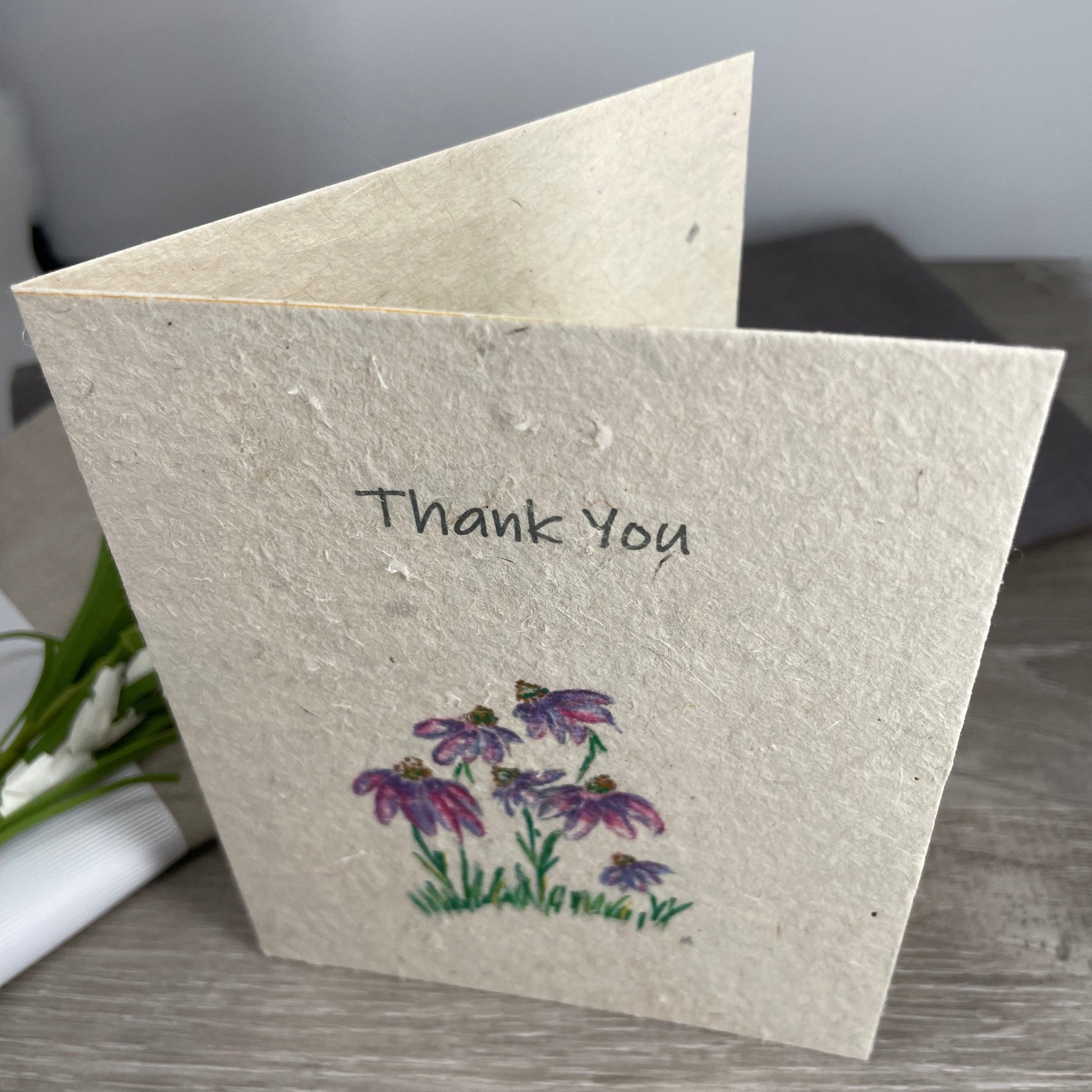 Thank you for guests. plantable paper. plantable card. echinacea. purple flowers. wedding. bridal shower. baby shower. card for guests. blank card. purple flowers.