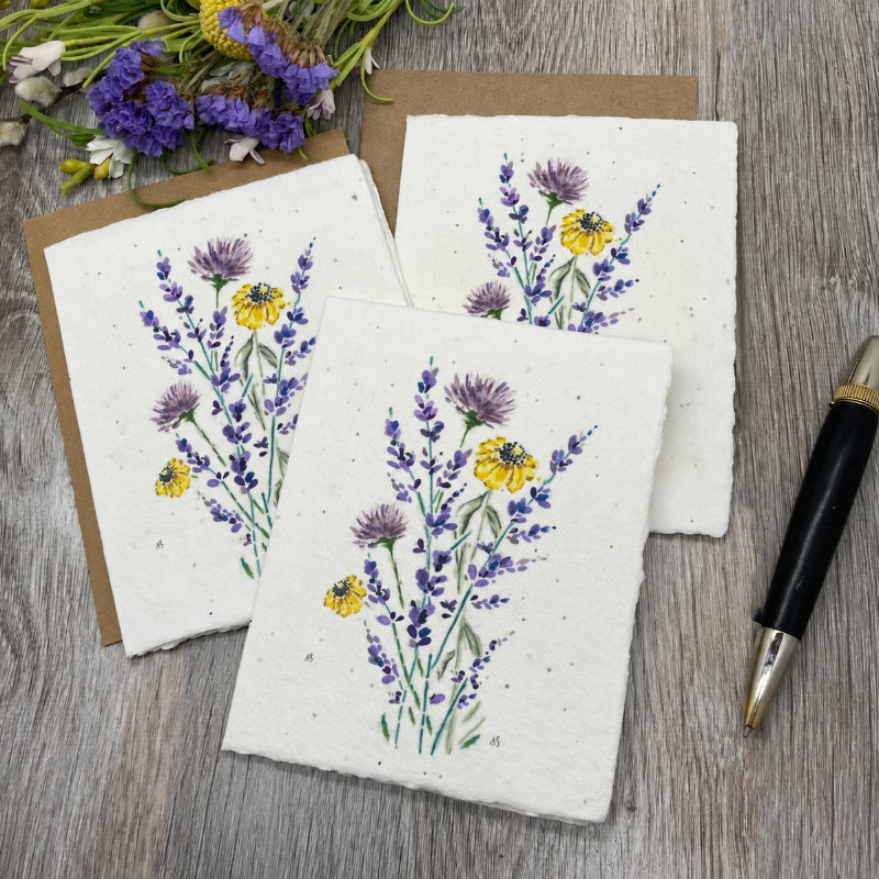 Plantable greeting card made from plantable wildflower seed paper.  Original artwork with a purple thistle, coneflower and lavender. Made by 1 simple seed.