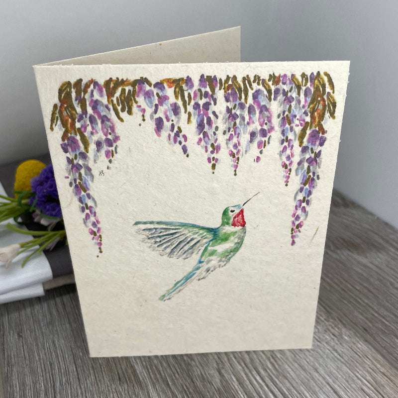 humming bird.  Wisteria Flowers. Plantable card. Wildflower seed paper. 