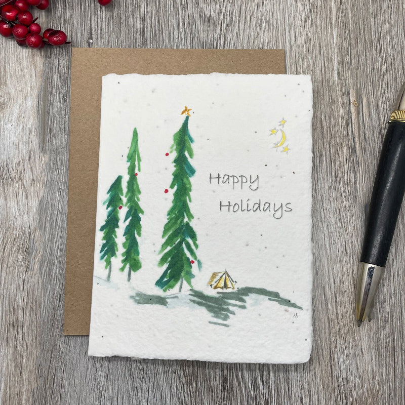 holiday cards. Christmas Cards. Outdoor adventure. camping. plantable card. Wildflower seed card. 